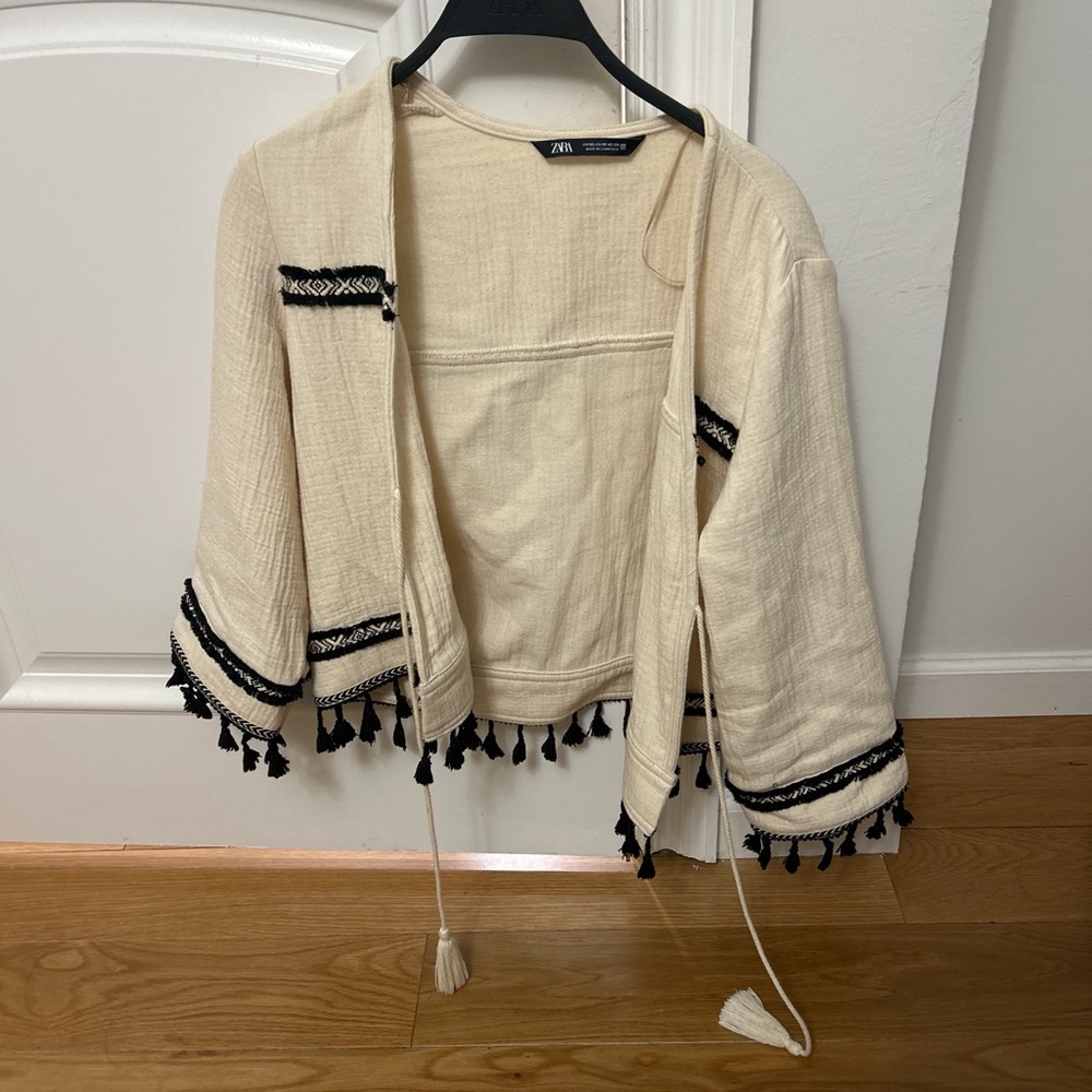 ZARA Cream Open Cardigan with Black Tassel Trim